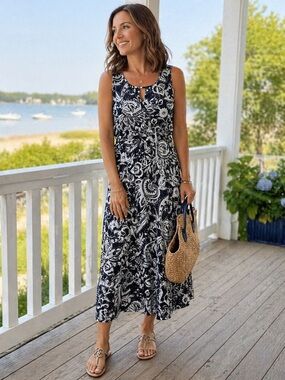 Talbots Navy Paisley Floral Sleeveless Midi Dress Small Coastal Summer